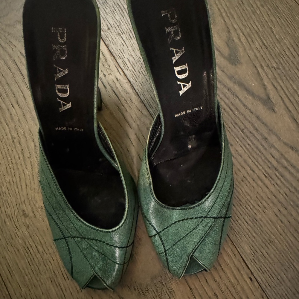 Prada Green Peep-Toe Mules